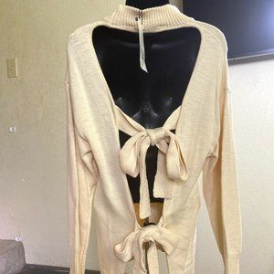 Cream Turtleneck Sweater with Open Tied-Back